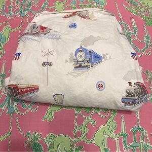 Pottery Barn Kids train printed cotton crib sheet